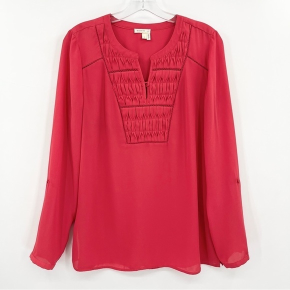 Anthropologie Meadow Rue Red Chiffon Roll-Tab Sleeve Popover Tunic Blouse Top - Picture 2 of 10